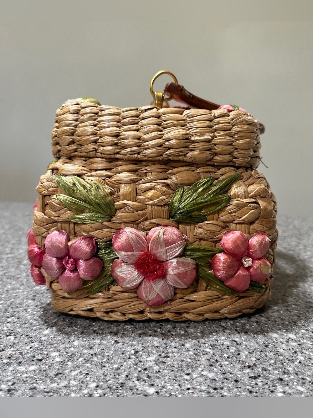Vintage Woven Straw Basket Box Purse Handbag Wood Handle Raffia Flowers 10x6” - Picture 5 of 10